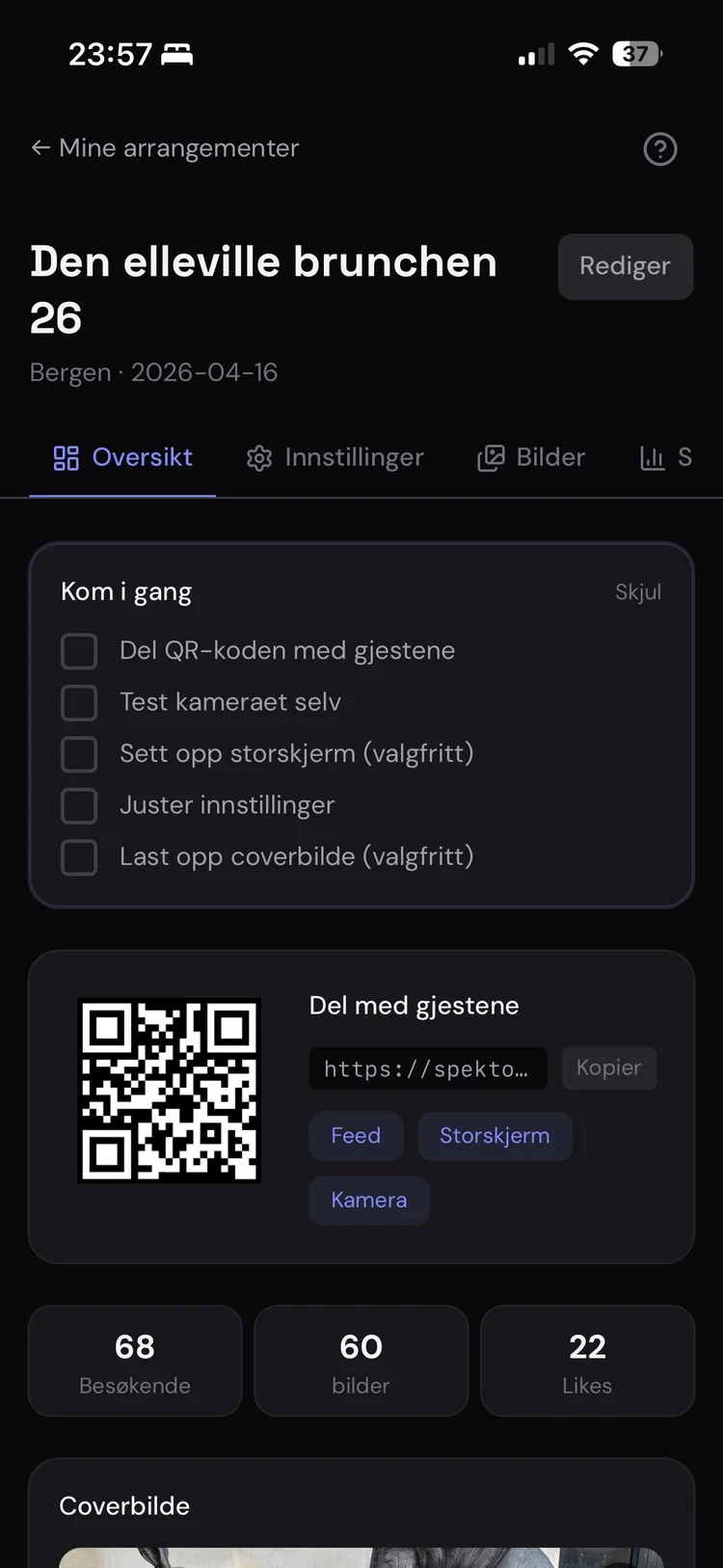 Admin-panel med QR-kode og oversikt