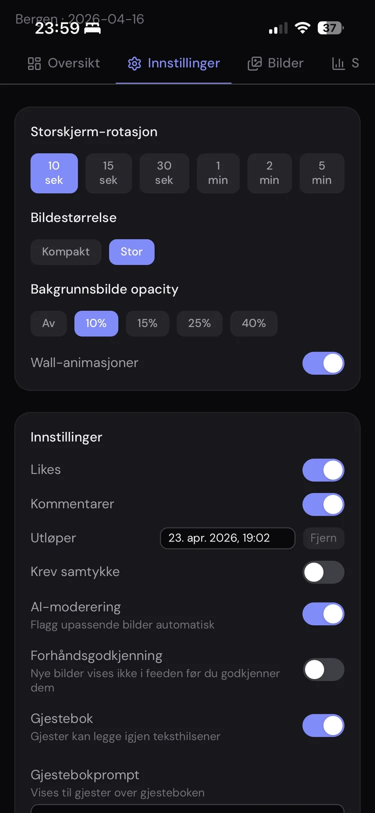 Innstillinger med storskjerm, moderering og gjestebok